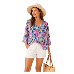 Lulu-B Tunic Top Womens L Abstract Floral V-Neck 3/4 Sleeve Boho Resortwear